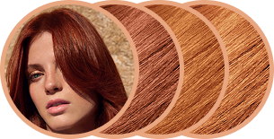 Close-up of a woman's face with hair color samples around her.