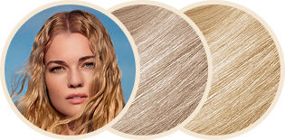 Close-up of a woman's face with three hair color samples next to it.