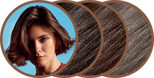 Three hair color samples with a person's face in the center