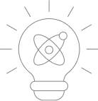 Outline of a light bulb with an atom symbol inside, on a white background